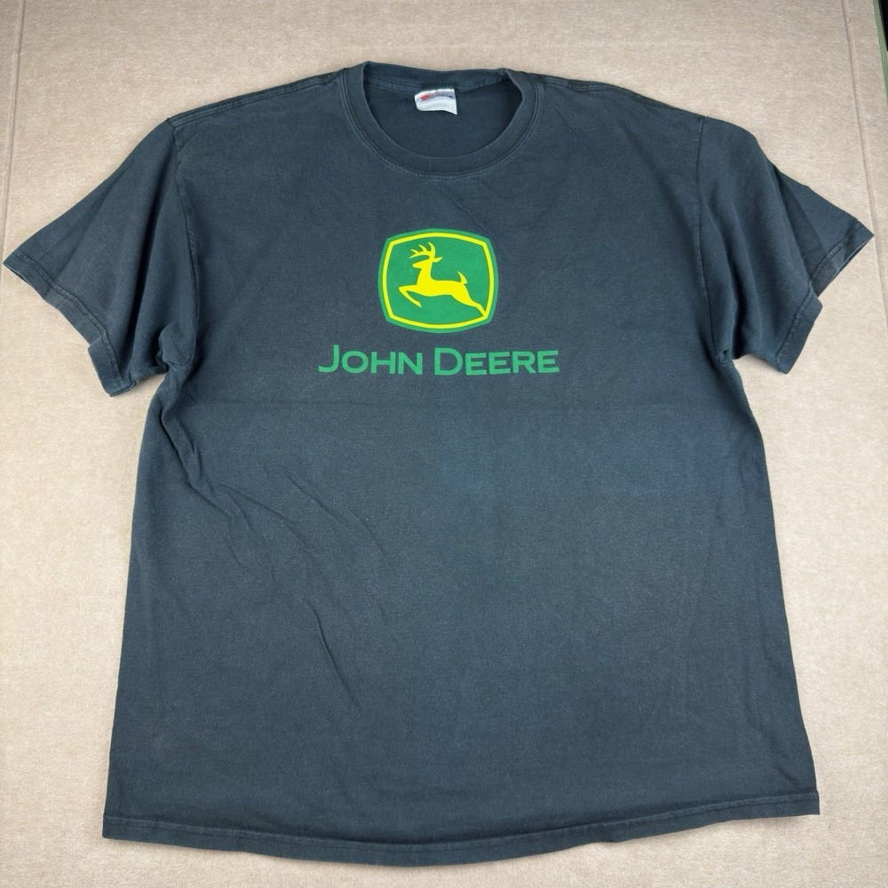 Y2K John Deere‎ Tee Mens XL Black Hanes Heavyweight Tractor Logo USA Made